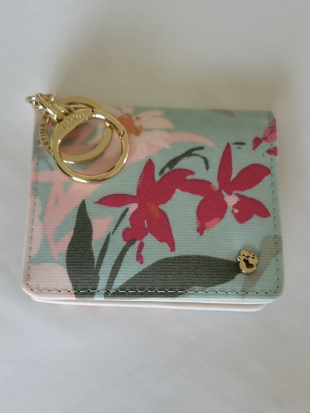 Spartina 449 Floral Card Holder with Gold Keyring - Mint & Pink